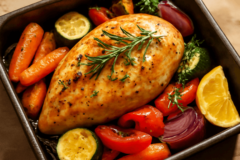 Pollo al horno con hierbas y verduras asadas