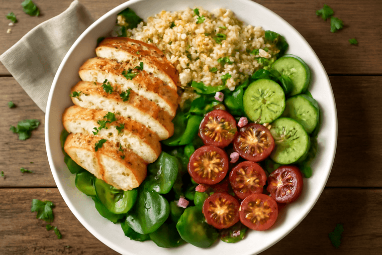 Fräsch kycklingsallad med quinoa och citrusdressing