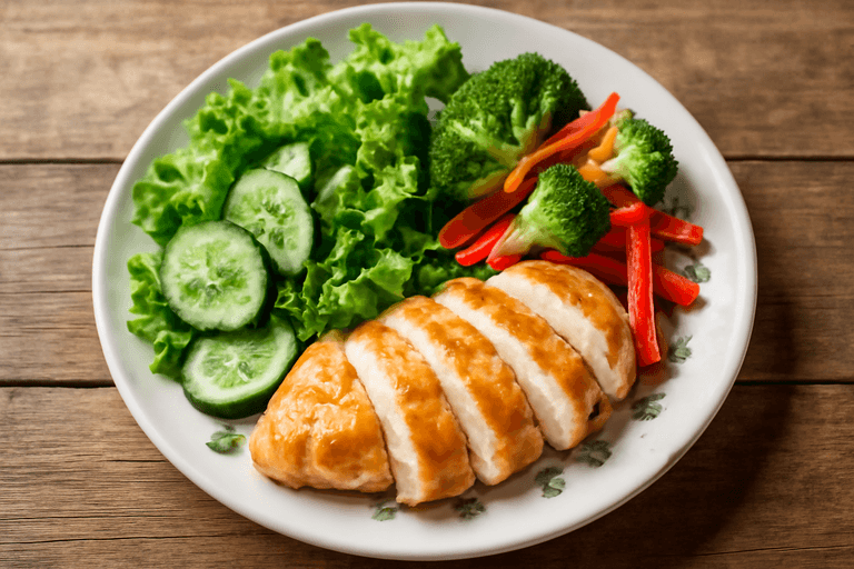 Куриное филе с овощами и зелёным салатом
