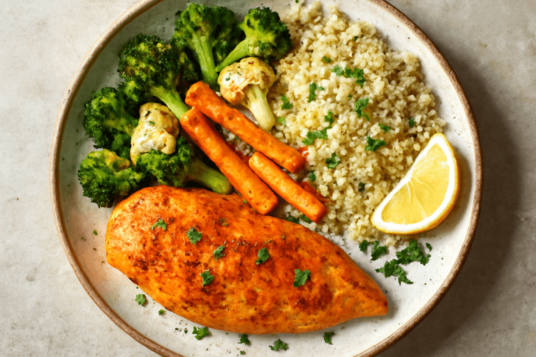 Запечённая куриная грудка с овощами и киноа