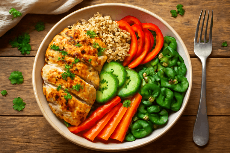 Salată de pui la grătar cu quinoa și legume colorate