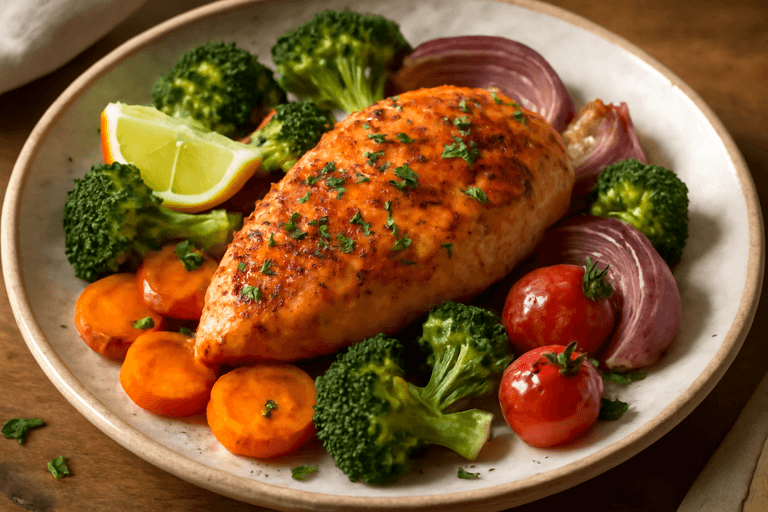 Saftig ovnsbakt kyllingfilet med grønnsaker
