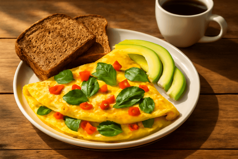 Proteinrik klassisk frukost-omelett med fullkornsbröd