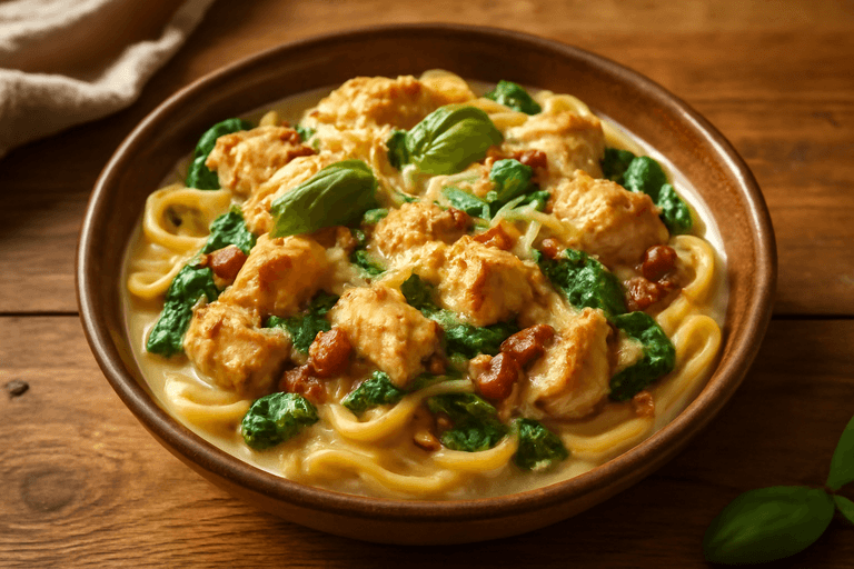 Krämig kycklingpasta med spenat och soltorkade tomater
