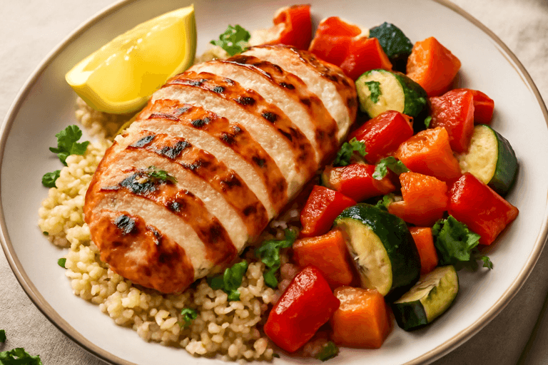Gegrilde kipfilet met geroosterde groenten en quinoa