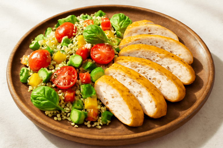 Piept de pui la grătar cu salată proaspătă de quinoa și legume