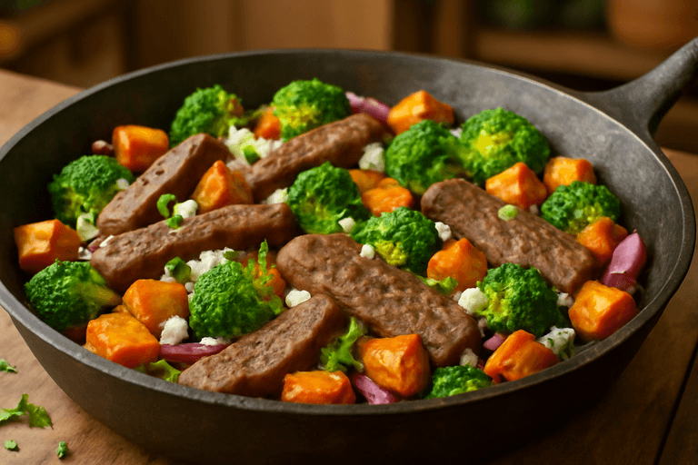 Herzhafte Rinderpfanne mit Süßkartoffeln und Brokkoli