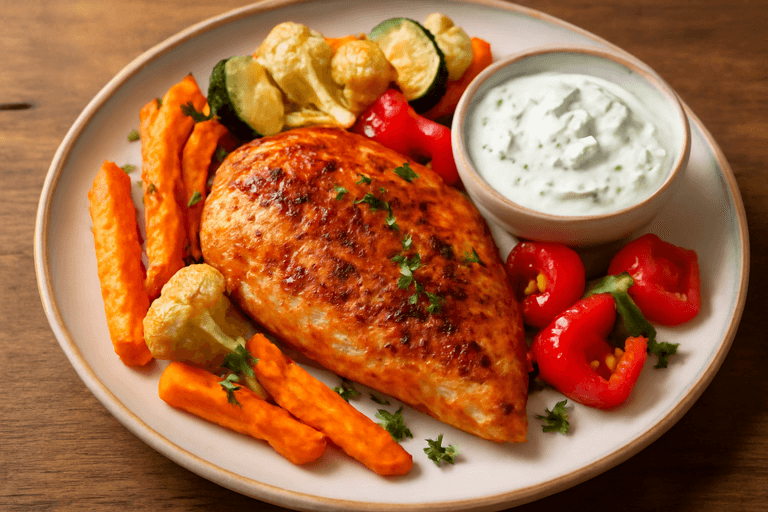 Kycklingfilé med rostade grönsaker och örtig yoghurt