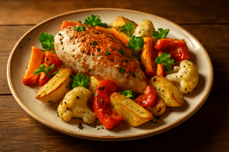 Klassisk kycklingfilé med ugnsrostade grönsaker