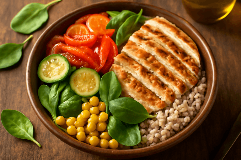 Tazón de Pollo a la Parrilla con Arroz Integral y Verduras Asadas