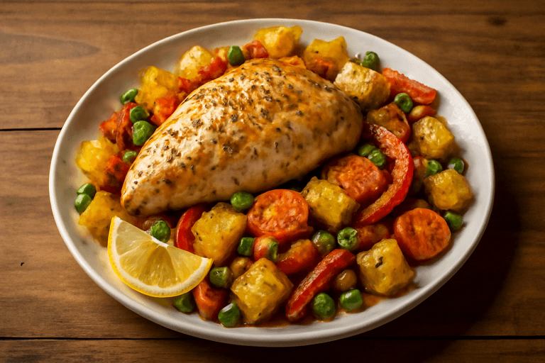Pollo al Horno con Papas y Verduras para Potenciar Músculo