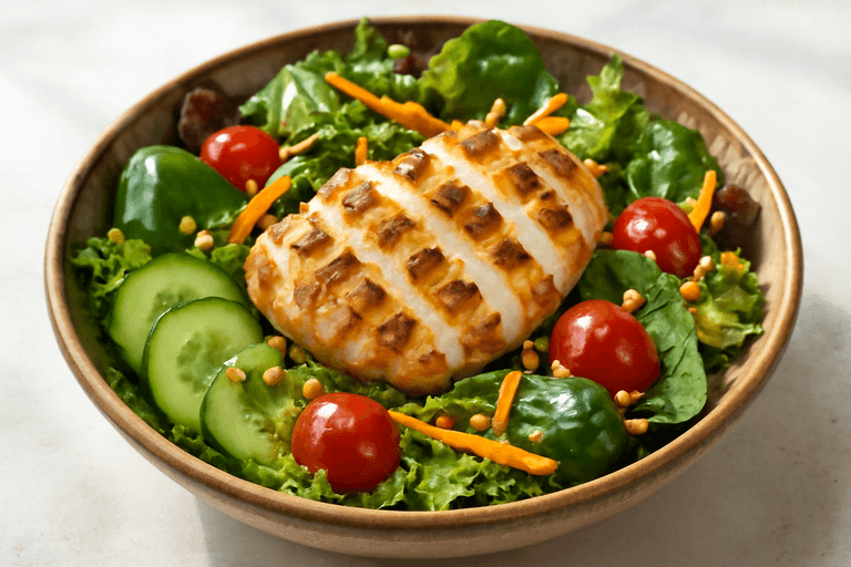 Ensalada tibia de pollo a la plancha con verduras frescas