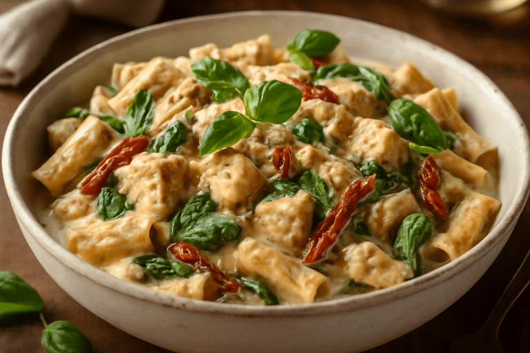 Krämig kycklingpasta med spenat och soltorkad tomat