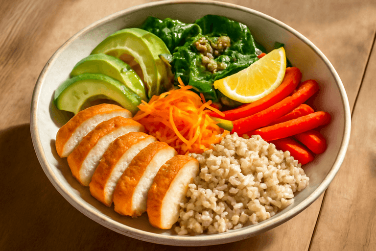 Krämig kyckling- & avokadobowl med fullkornsris