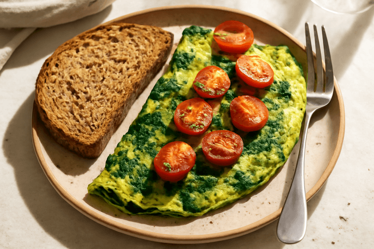 Klassisk grön omelett med tomat & fullkornsbröd
