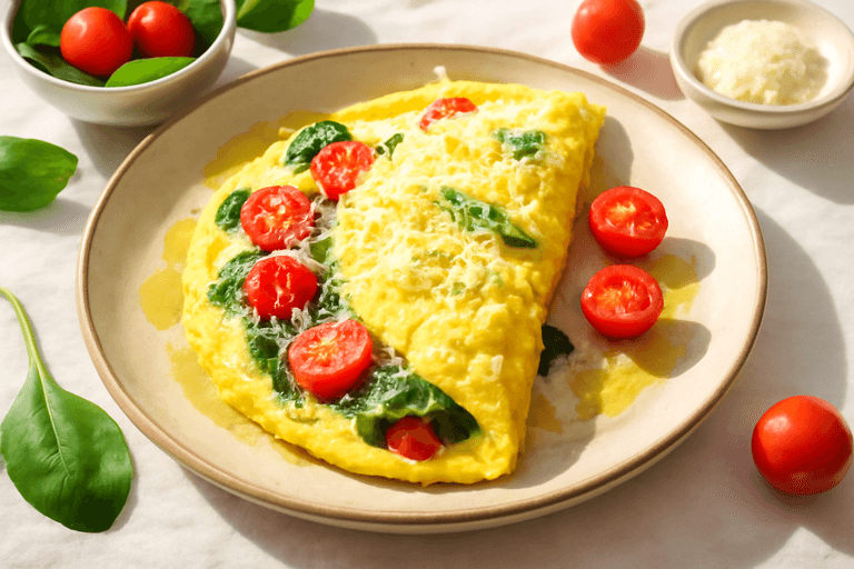 Omletă energizantă cu spanac și roșii
