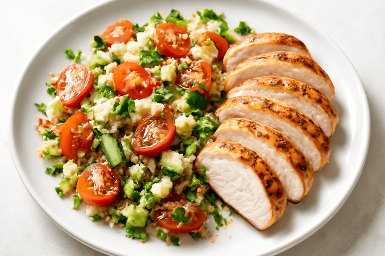 Pui la grătar cu salată mediteraneană și quinoa