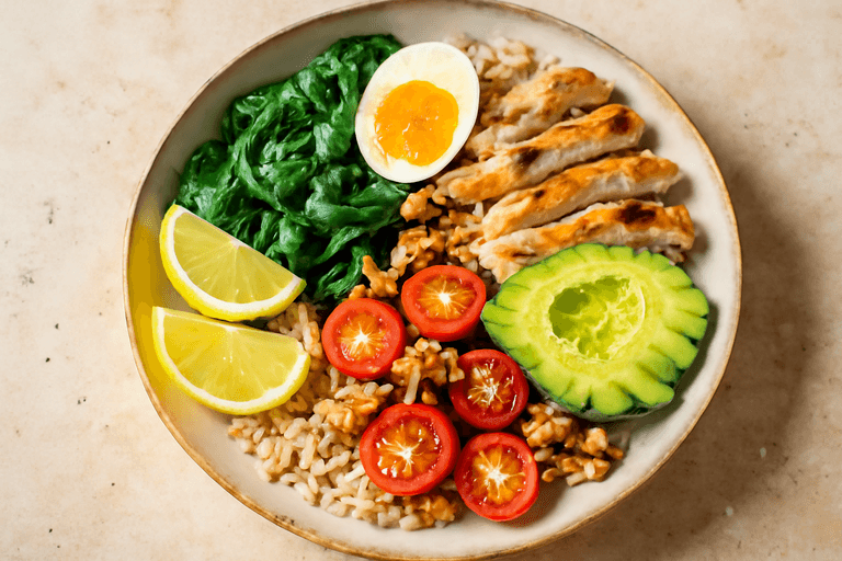 Bowl energético de pollo a la plancha con arroz integral y aguacate