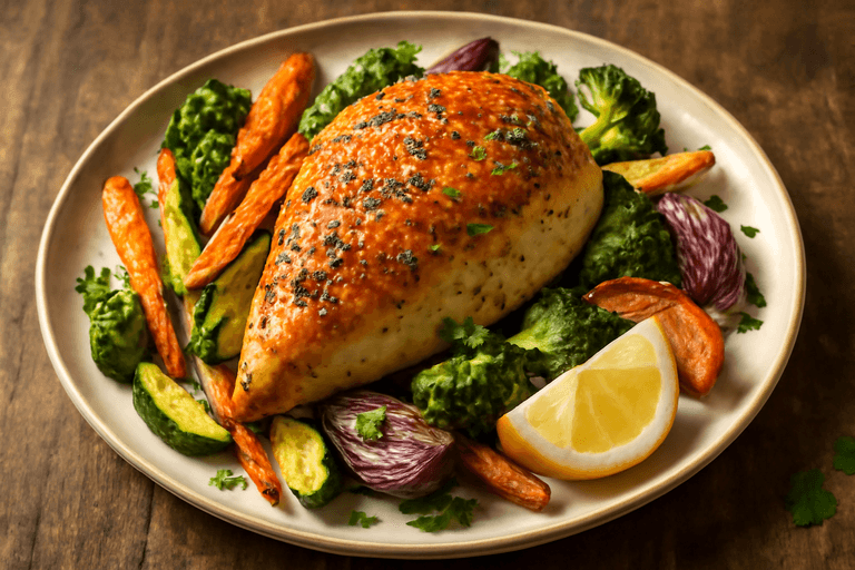 Poulet aux herbes et légumes rôtis