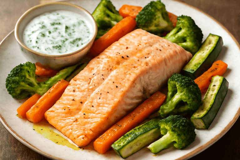 Ugnsbakad lax med grönsaksmix och örtsås
