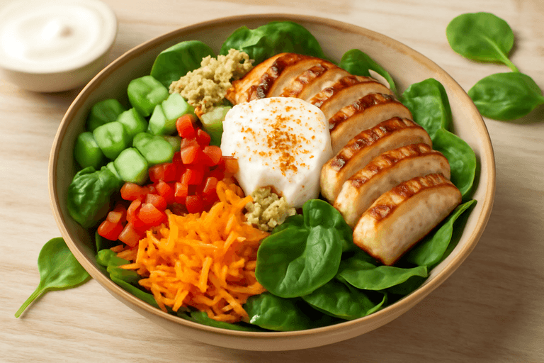 Salade de poulet grillé, quinoa et légumes croquants