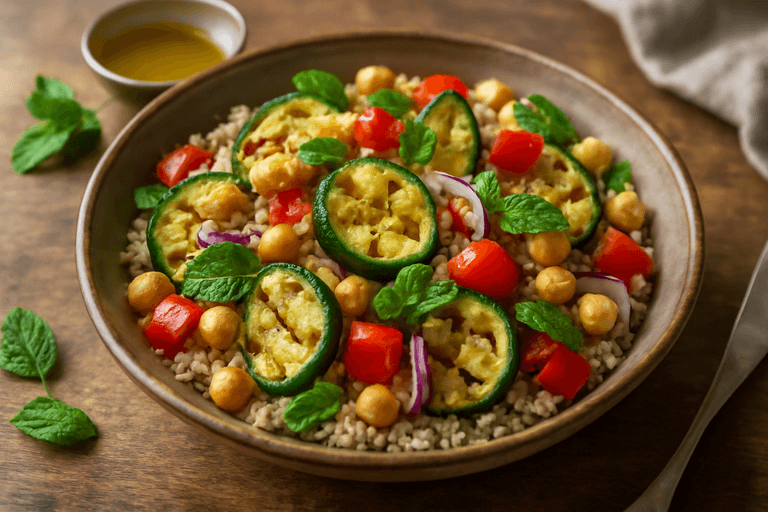 Salade tiède de quinoa, pois chiches et légumes grillés