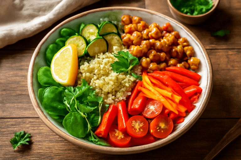 Bol Énergisant de Quinoa aux Légumes d’Été & Pois Chiches Rôtis