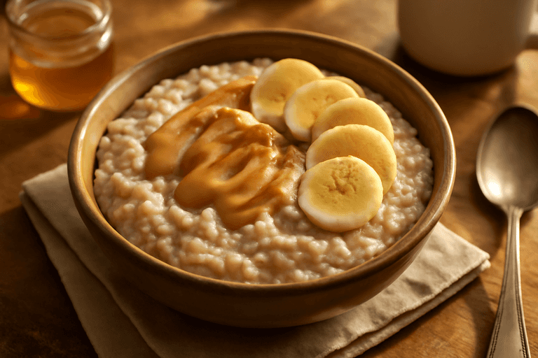Proteinrik klassisk havregrynsgröt med jordnötssmör & banan