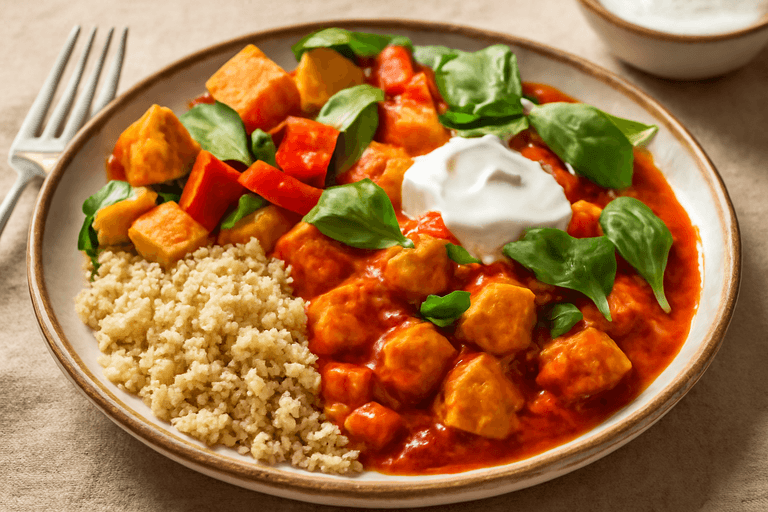 Proteinrik kycklinggryta med quinoa och rostade grönsaker