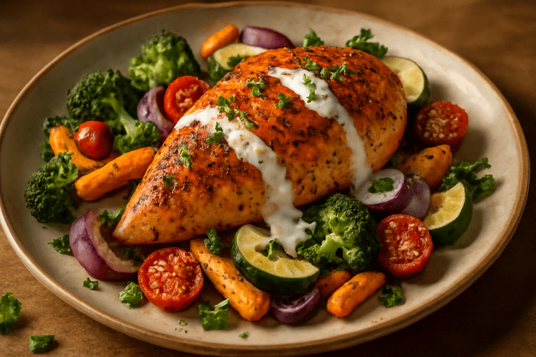 Saftig kyllingfilet med ovnsbakte grønnsaker og mild hvitløksdressing