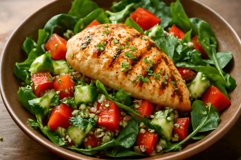 Ensalada tibia de pollo a la plancha con quinoa y vegetales frescos