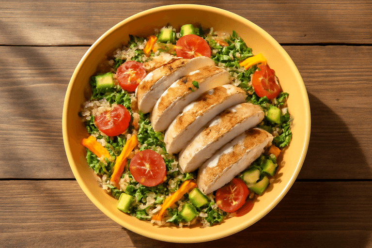 Salada Clássica de Frango Grelhado com Quinoa e Legumes Coloridos