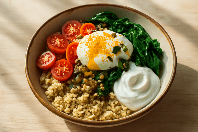 Bol Énergie Végétarien au Quinoa, Épinards & Œuf Poché
