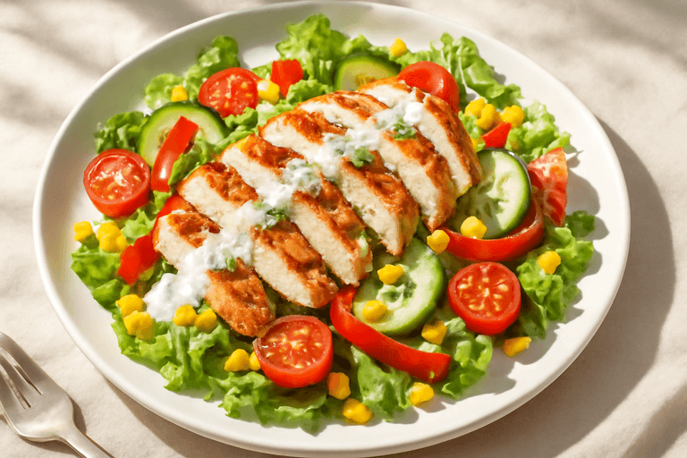 Ensalada de pollo a la parrilla con vegetales frescos y aderezo ligero de yogur