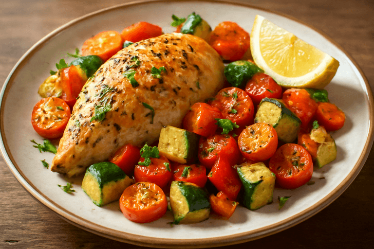 Pui la cuptor cu legume de sezon și ierburi aromatice