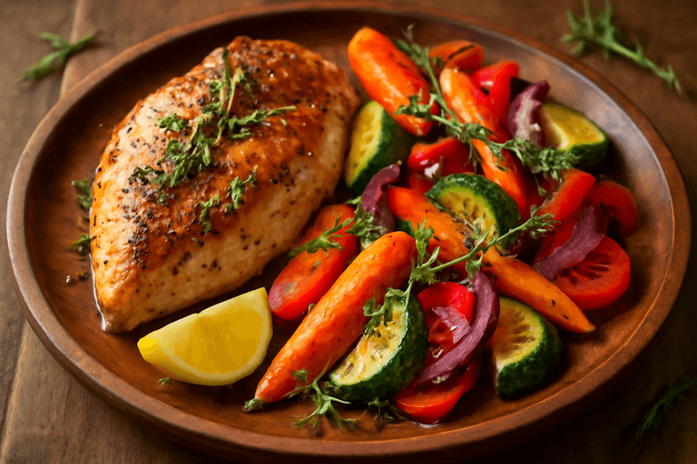 Poulet rôti aux herbes et légumes colorés