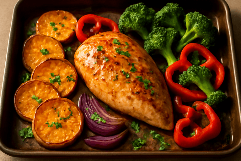 Saftig kycklingfilé med rostad sötpotatis och grönsaker