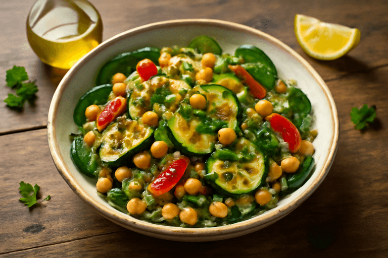 Salade tiède de pois chiches, quinoa et légumes grillés