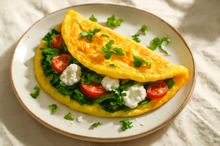 Omelette légère aux épinards, tomates et fromage frais