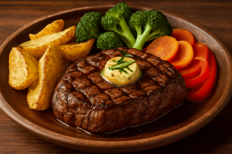 Proteinreiches Rindersteak mit Ofenkartoffeln und Gemüse