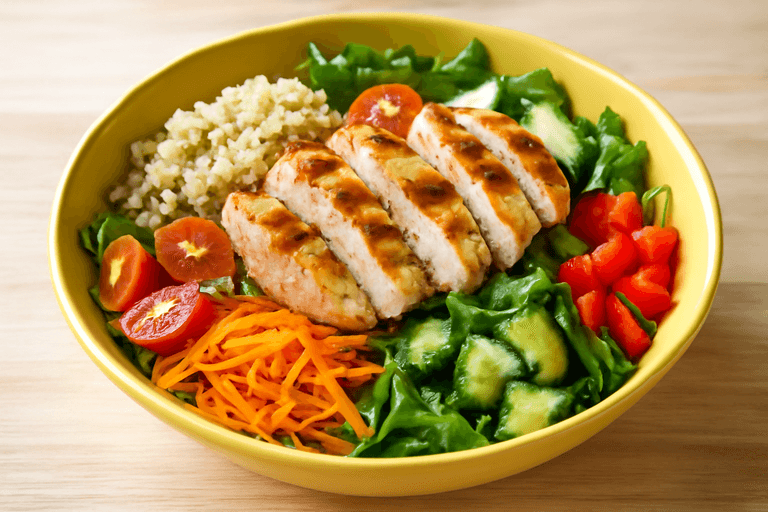 Salade de poulet grillé, quinoa et légumes croquants