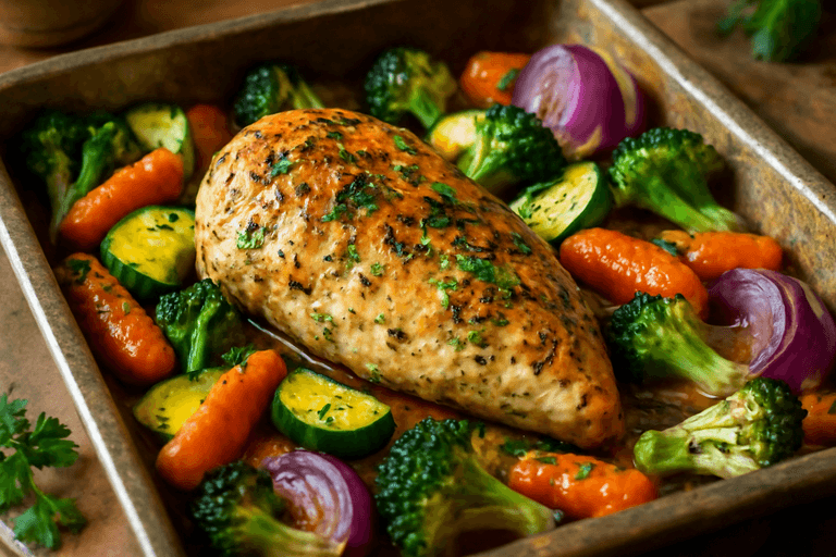 Poulet rôti aux herbes et légumes colorés