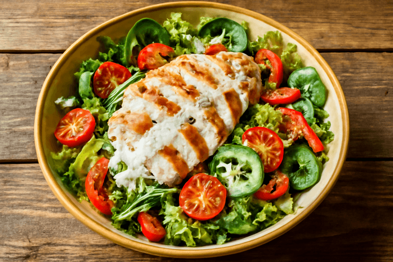 Salată clasică de pui cu legume proaspete și dressing ușor