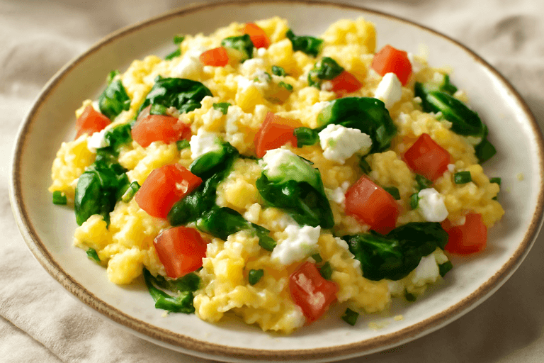 Proteinreiches Rührei mit Spinat und Tomaten