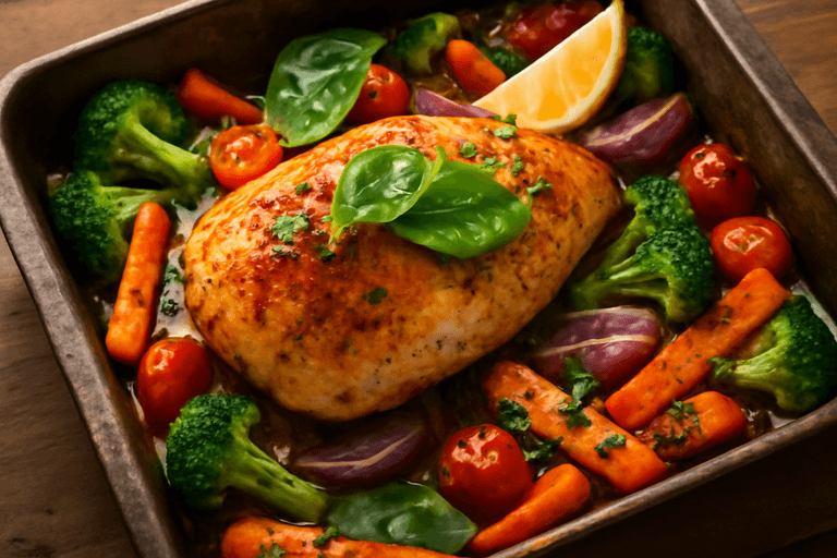 Saftig Kyllingfilet med Ovnsbakte Grønnsaker