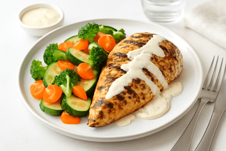 Piept de pui la grătar cu legume la abur și dressing de iaurt
