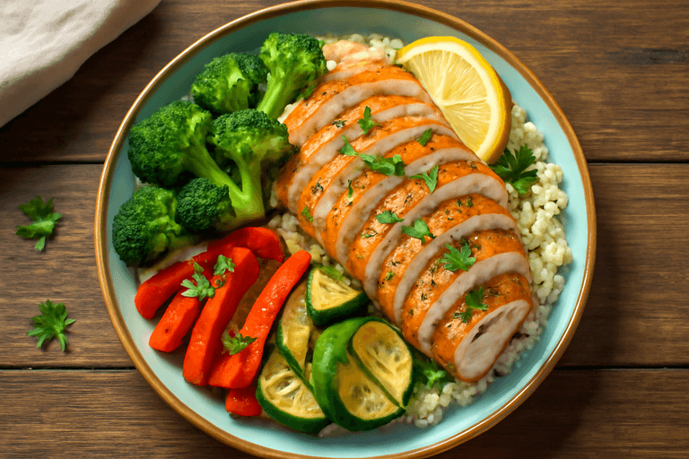Lemon Herb Grilled Chicken with Quinoa & Roasted Veggies