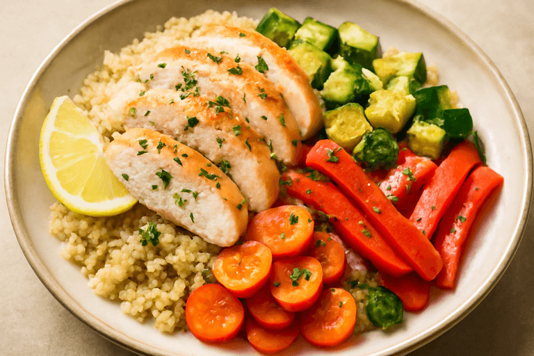 Frango Grelhado com Quinoa e Legumes Coloridos