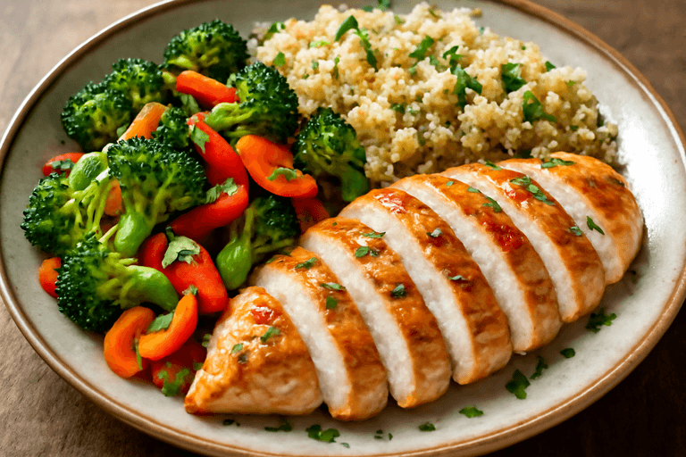 Piept de pui la grătar cu legume sote și quinoa