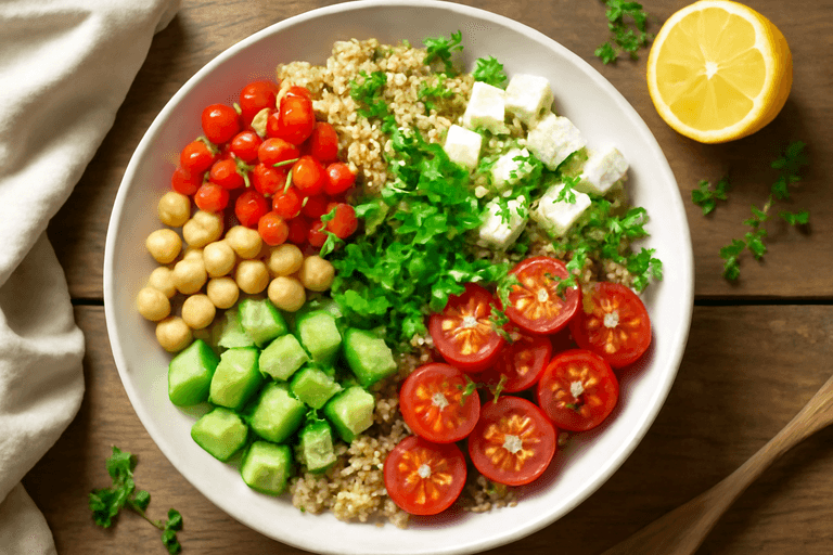 Salată proteică de quinoa cu legume mediteraneene
